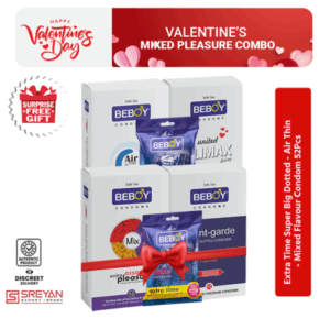 Beboy Valentine's Mixed Pleasure Combo Pack = Beboy Condom 52Pcs -  Extra Time Dotted , Air Thin Climax , Mixed Flavour - With Gift