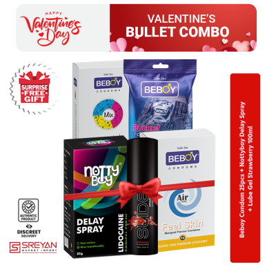 Valentine's Surprise Bullet Combo - Condom - Lube Gel - Delay Spray Combo Multi-Variant - Nottyboy + Beboy + 25Pcs Condoms + 100ml Lube Gel 1PCS + Nottyboy Delay Spray 1Pcs - With Gift