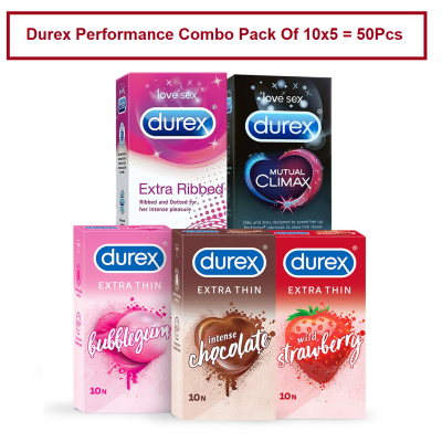 Durex Performance Combo Pack Of 10x5 = 50Pcs Condom - Extra Thin BubbleGum, Strawberry , Chocolate , Ribbed & Mutual Climax