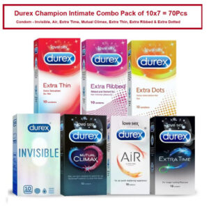 Durex Champion Intimate Combo Pack of 10x7 = 70Pcs Condom - Invisible, Air, Extra Time, Mutual Climax, Extra Thin, Extra Ribbed & Extra Dotted