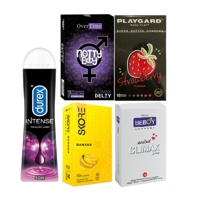 Durex Real Player Combo 10x4 = 42pcs Condom + Intense Lube Gel 50ml + Skore Banana 10s + Nottyboy Over Time 10s + Beboy Climax 12s + Playgard Strawberry 10s