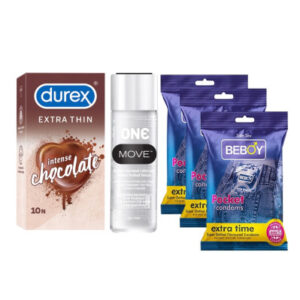Durex Intima Care Combo = 19Pcs Condom + Durex Extra Thin Chocolate 10s + One Move Deluxe Lube Gel 60ml + Beboy Dotted Extra Time Paan 9s