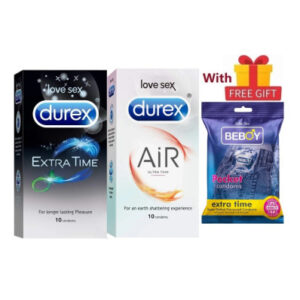 Durex Classical Combo = 23Pcs Condom + Durex Extra Time 10s + Durex Air 10s + Beboy Extra Time Dotted Paan 3s + Free Gift