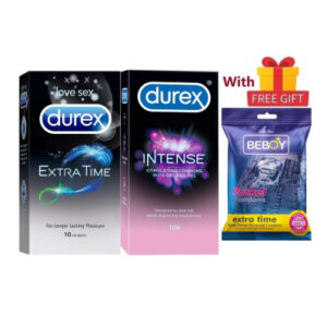 Durex Missionary Combo = 23Pcs Condom + Durex Intense 10s + Durex Extra Time 10s + Beboy Extra Time Paan 3s + Free Gift