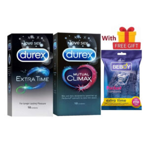 Durex Inverted Combo = 23Pcs Condom + Durex Mutual Climax 10s + Durex Extra Time 10s + Beboy Extra Time Paan 3s + Free Gift