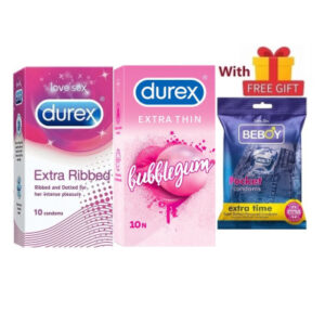 Durex ElitePro Combo = 23Pcs Condom + Durex Extra Ribbed 10s + Extra Thin Bubblegum 10s + Beboy Extra Time Paan 3s + Free Gift