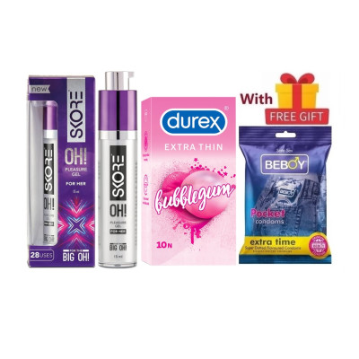 Durex Him & Her Combo = 13Pcs Condom + Durex Extra Thin BubbleGum 10s + Skore OH Pleasure Gel for Women 15ml + Beboy Extra Time Paan 3s + Free Gift