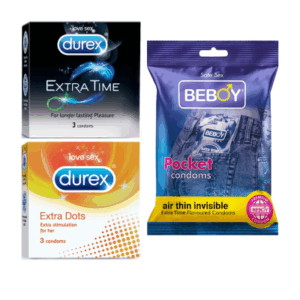 Durex SafeTouch Combo = 9Pcs Condom + Durex Extra Time 3s + Durex Extra Dots 3s + Beboy Air Thin Invisible 3s Condom