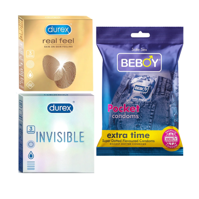 Durex ProtectPlus Combo = 9Pcs Condom + Durex Invisible 3s + Durex Real Feel 3s + Beboy Extra Time 3s Condom