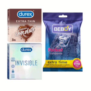 Durex ChocoGuard Combo = 9Pcs Condom + Durex Invisible 3s + Durex Chocolate 3s + Beboy Extra Time 3s Condom
