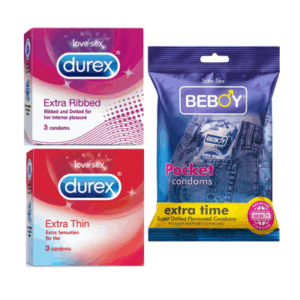 Durex Innovation Combo =  9Pcs Condom + Durex Extra Ribbed 3s + Durex Extra Thin 3s + Beboy Extra Time 3s Condom