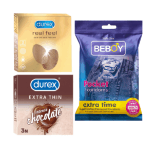 Durex Pleasure Partner Combo = 9Pcs Condom + Durex Real Feel 3s + Durex Chocolate 3s + Beboy Extra Time 3s Condom