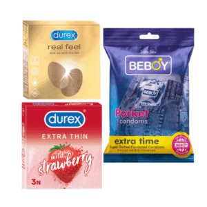 Durex DefendDuo Combo = 9Pcs Condom + Durex Real Feel 3s + Durex Strawberry 3s + Beboy Extra Time 3s Condom
