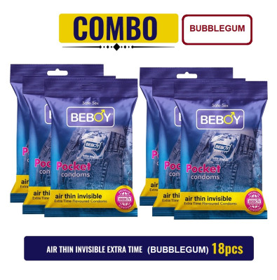 Beboy Extra Time Air Thin Invisible Condom (BubbleGum Flavour) Pouch Pack (Combo) 3x6 - 18Pcs (India)
