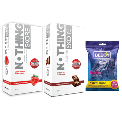 Skore Fruit Nothing Combo = 23Pcs Condom - Skore Nothing Strawberry 10s + Skore Nothing Chocolate 10s + Beboy Extra Time 3s