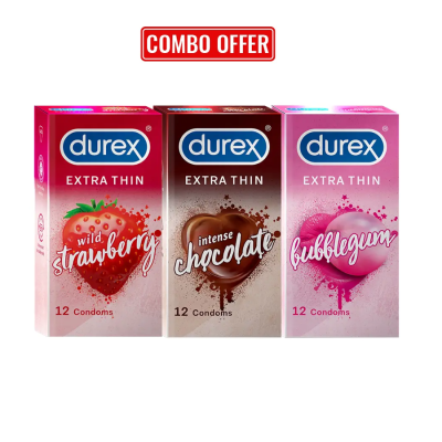 Durex Assorted Flavours Combo Pack of 3 = 36Pcs Condom - Durex Extra Thin (Bubblegum 12s + Chocolate 12s + Strawberry 12s)