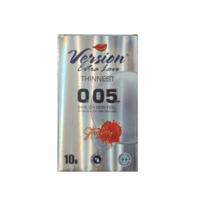 Version Extra Love Thinnest 005 Skin On Skin Feel Premium Ultra Thin Climax Delay Condom (Strawberry) - 10Pcs Pack