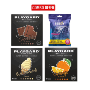 Playgard (Climax Combo Pack) Orange , Chocolate, Butterscotch, Beboy Extra Time Flavoured - DOTTED Condom 3x4 = 12Pcs Pack